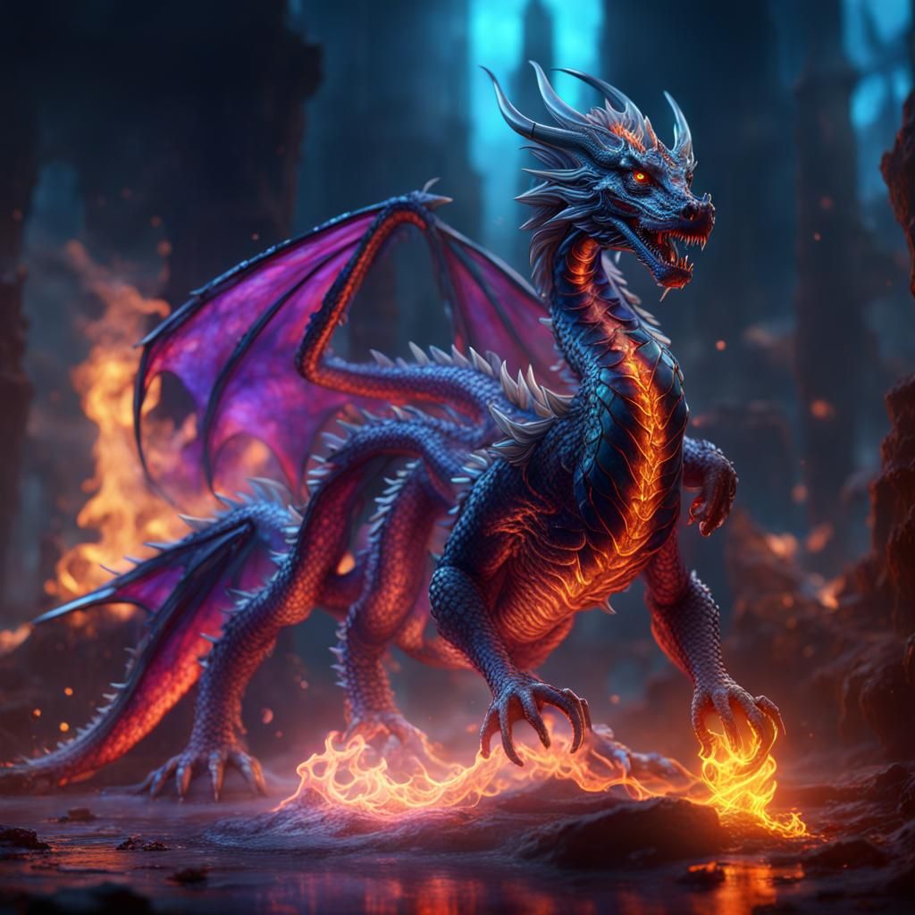 Glass Dragon with Flaming Background: Detailed Matte Paintin...