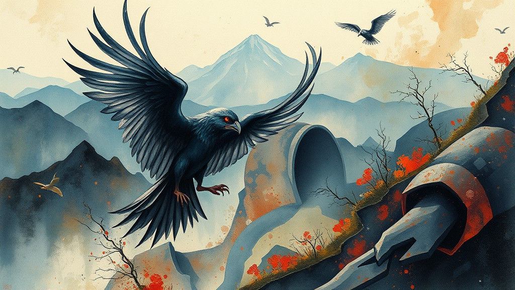 Eerie Dove in Mystical Mountainscape: Impasto Heavy Metal Ar...