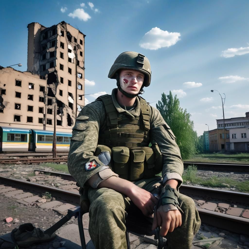 Soldier and Girl in War-Torn City