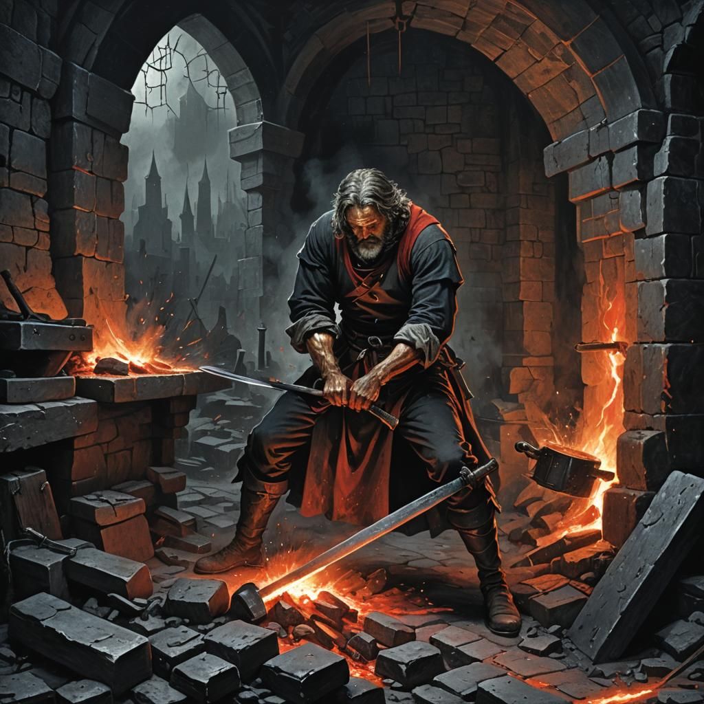 Blacksmith Forging Sword in Dark Fantasy Style