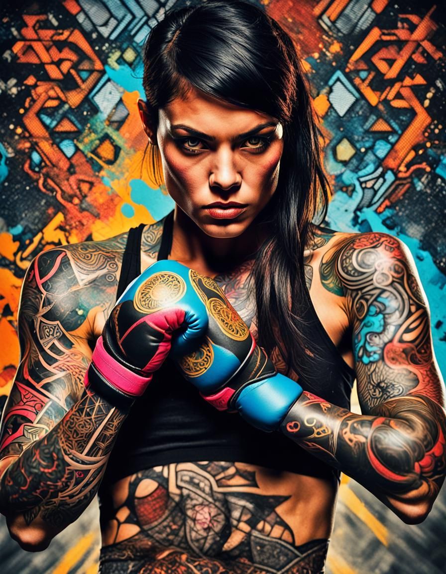 Female Boxer in Street Art Style with Abstract Tattoos