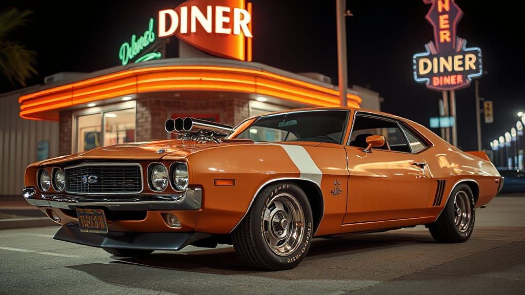 Classic Muscle Car at Neon Diner, Fantasy Art Style