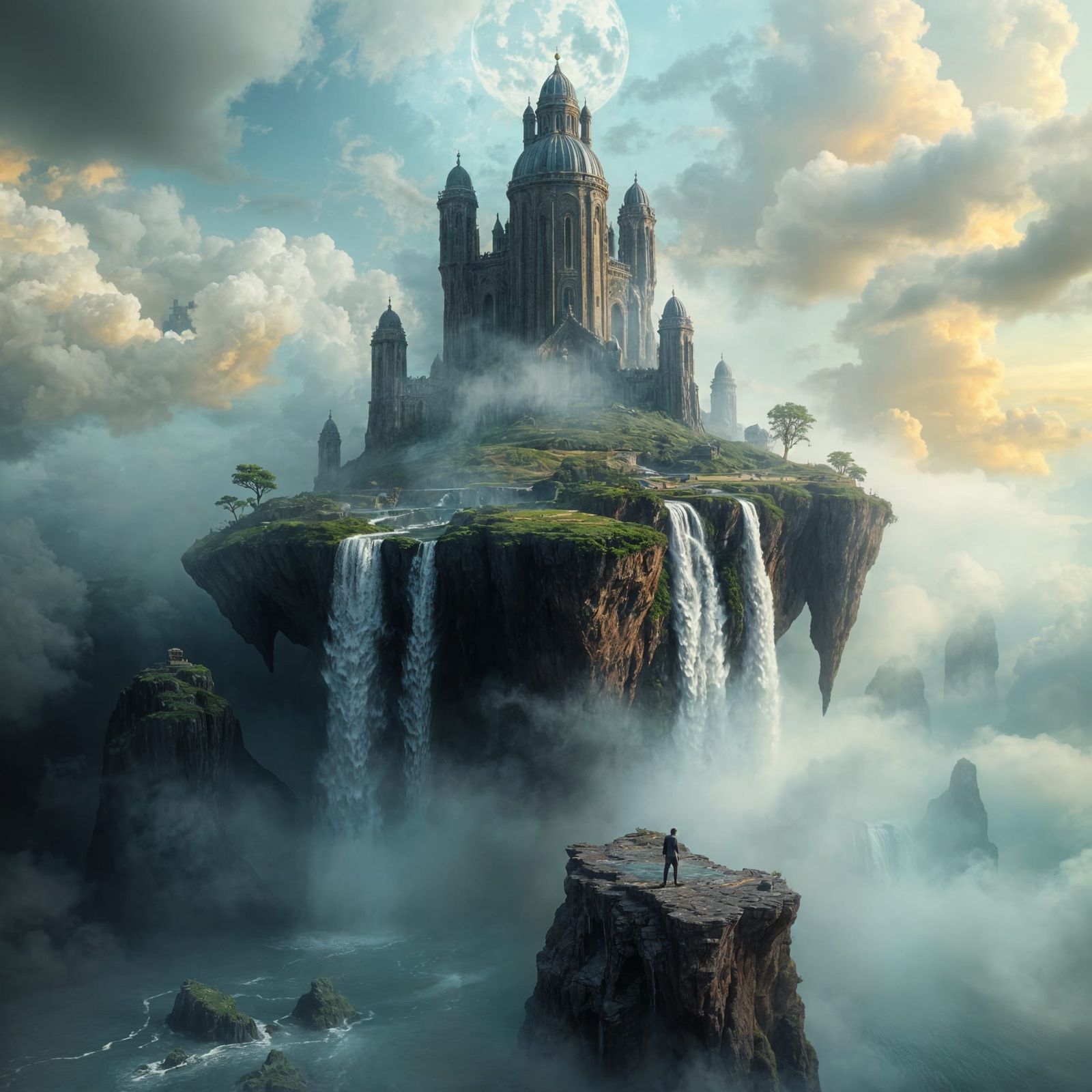 Surreal Floating Island with Sky Waterfalls: Dali Dreamscape