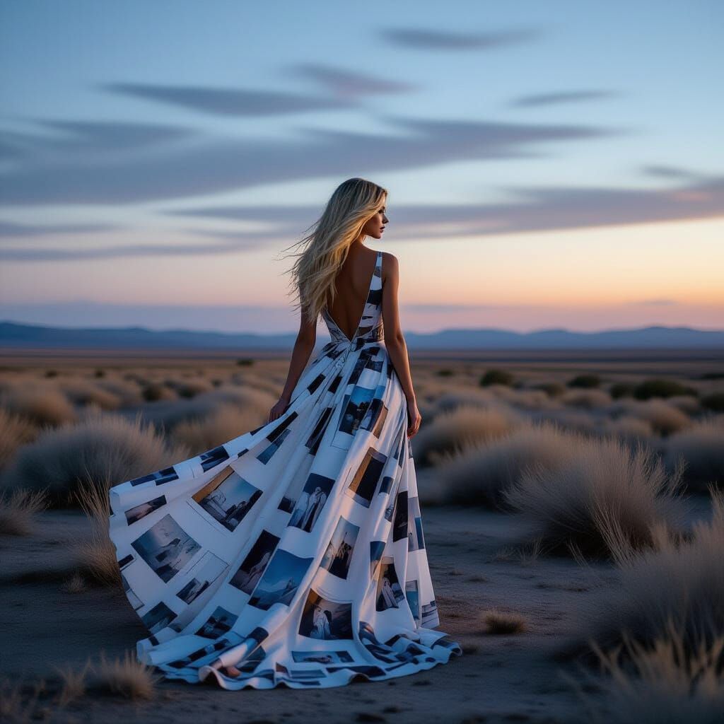 Woman in Ethereal Gown on Windswept Plain at Twilight