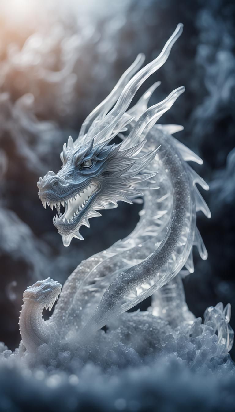 Shimmering Crystal Ice Dragon Sculpture in Fog