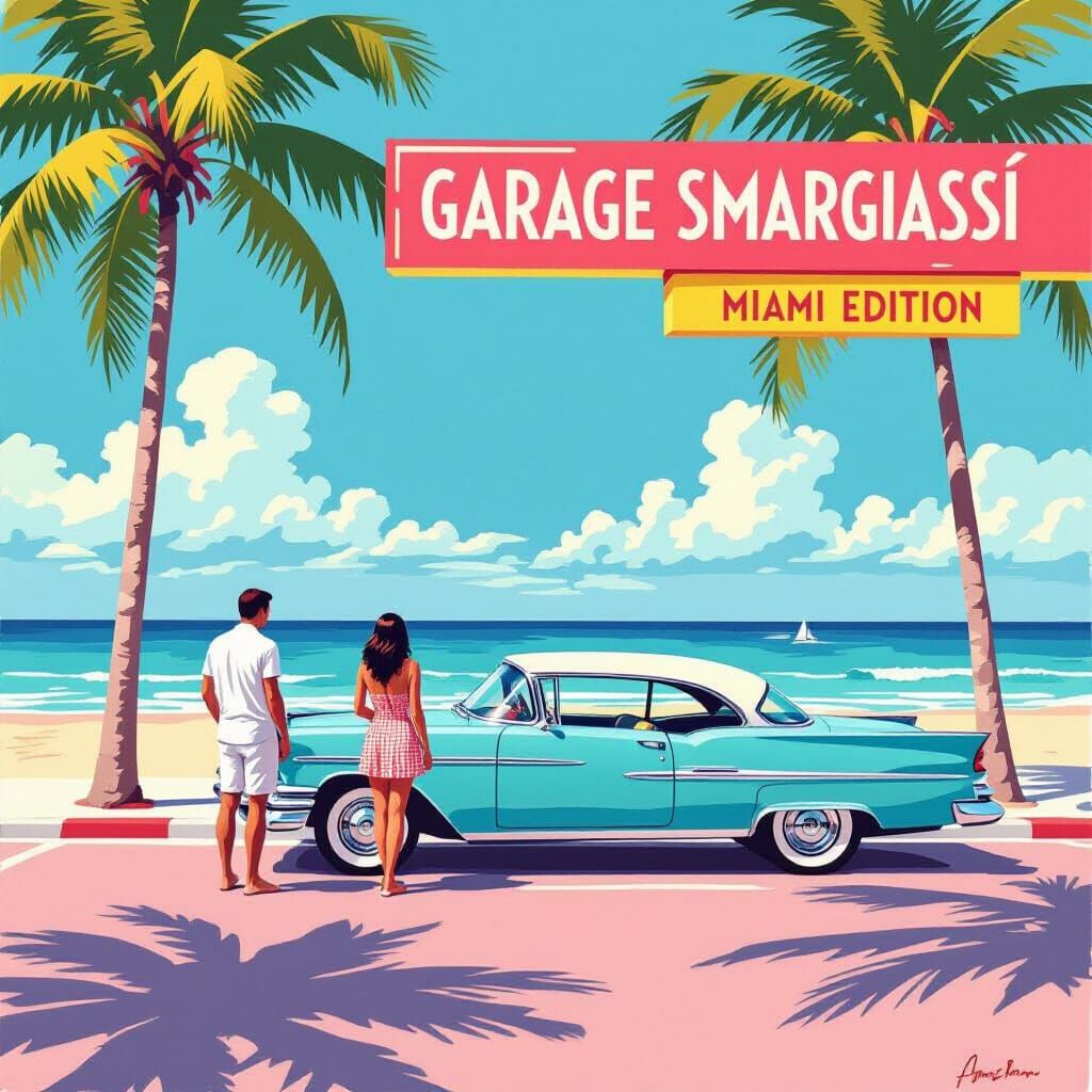 Miami Beach Car Scene in David Hockney Style