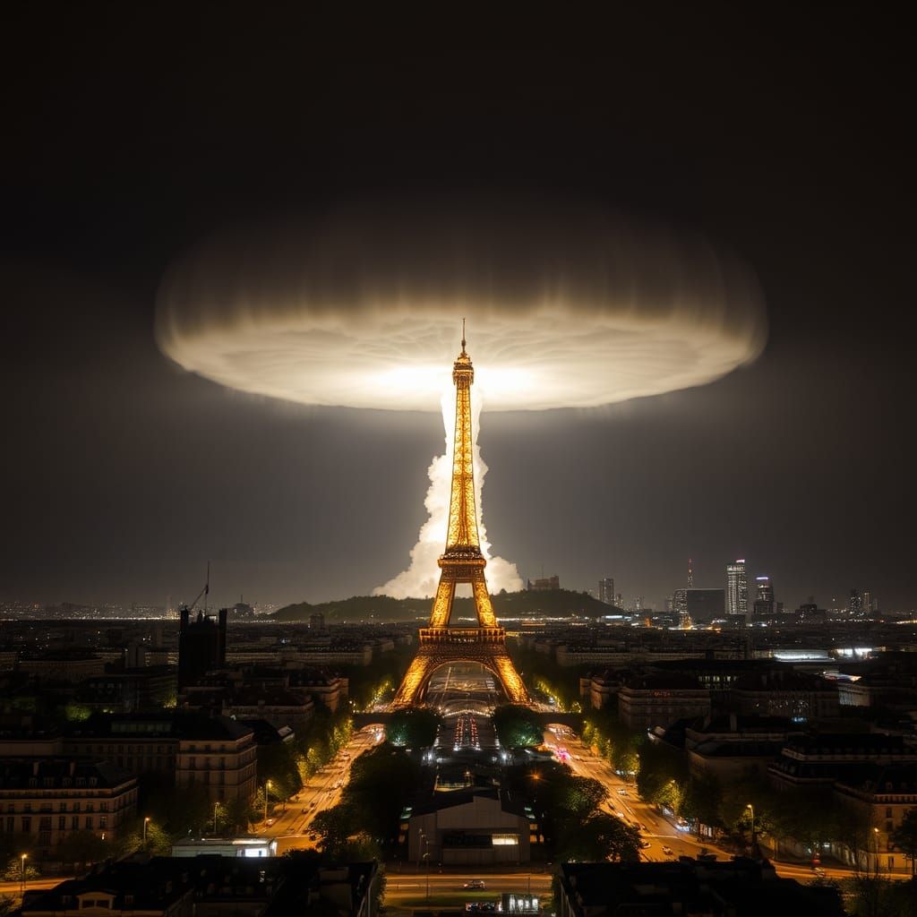 Nuclear Mushroom Cloud Over Paris at Night