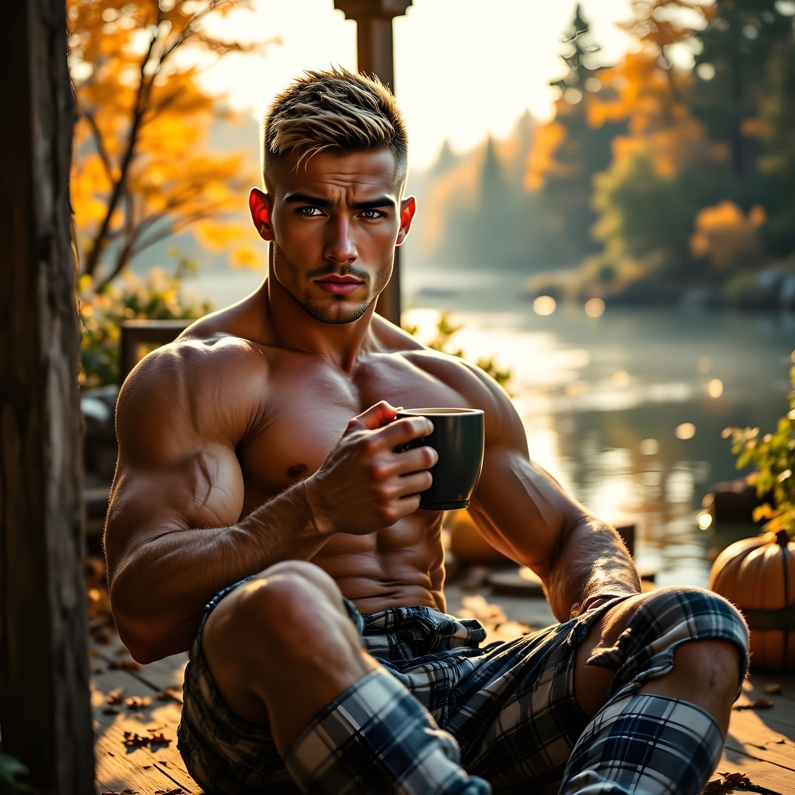 Rugged Man Savoring Morning Breakfast on Porch