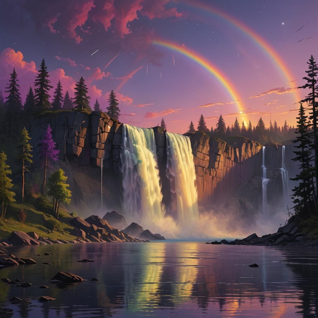 Rainbow Waterfall Landscape with Sunset and Moon