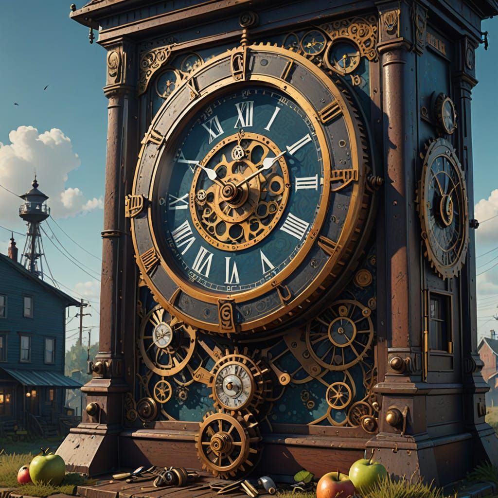 Steampunk Timepiece in Whimsical Townscape