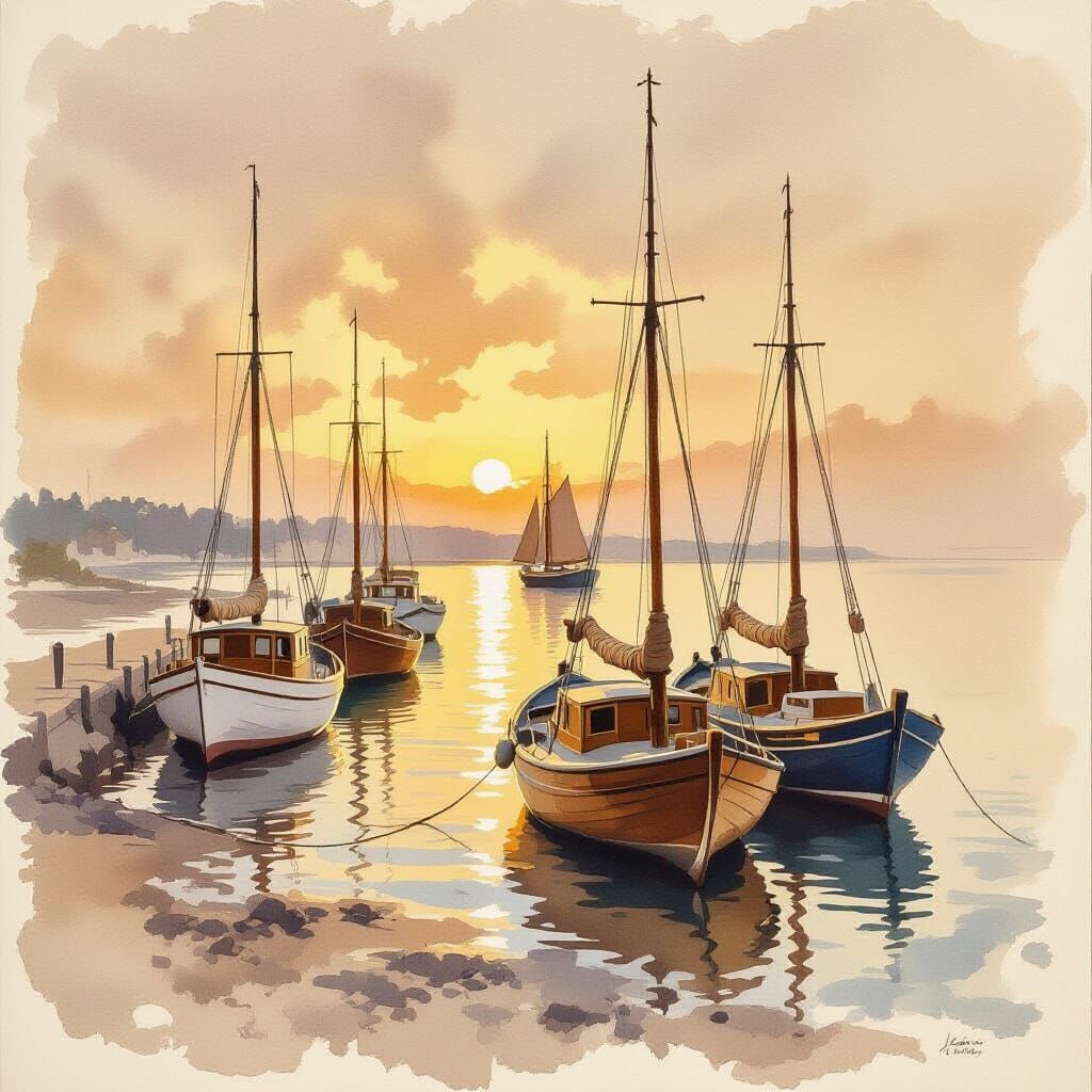 Watercolor Boats on Seashore in Sepia Tones