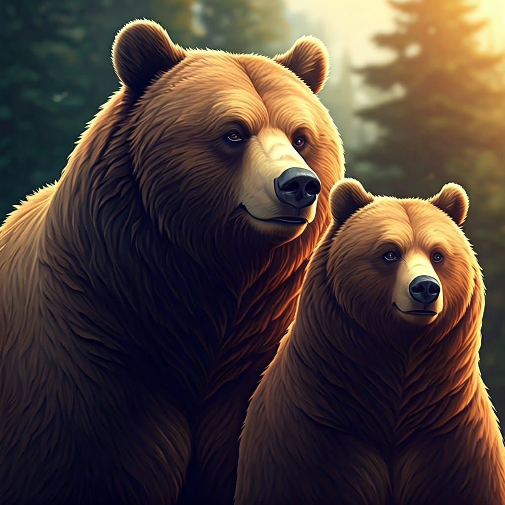 Majestic Grizzly Bear Couple in Vibrant Forest Landscape