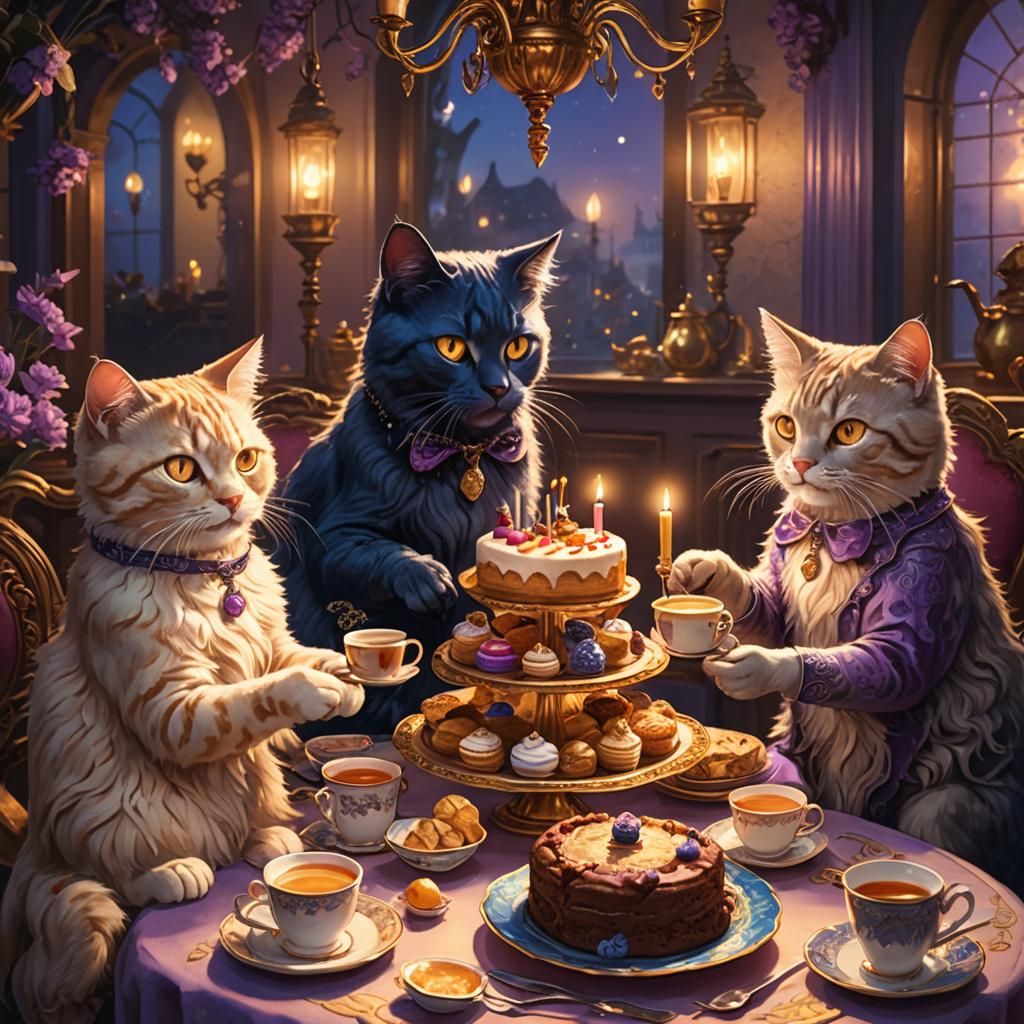 Cats' Whimsical Tea Party: Fantasy Matte Painting