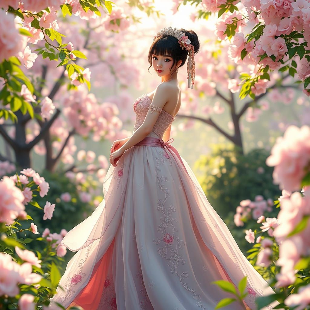 Majestic Summer Goddess Amidst Cherry Blossoms in Vibrant Ga...