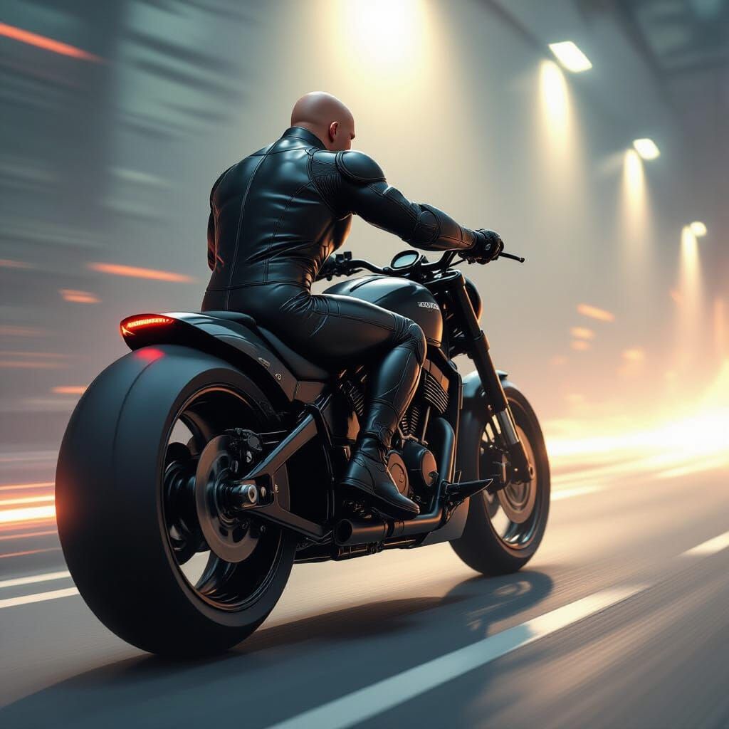 Bald Man in Rubber Catsuit Rides Motorcycle