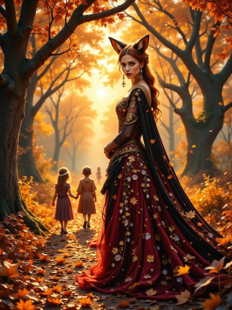 Fox Lady in Baroque Autumn Forest