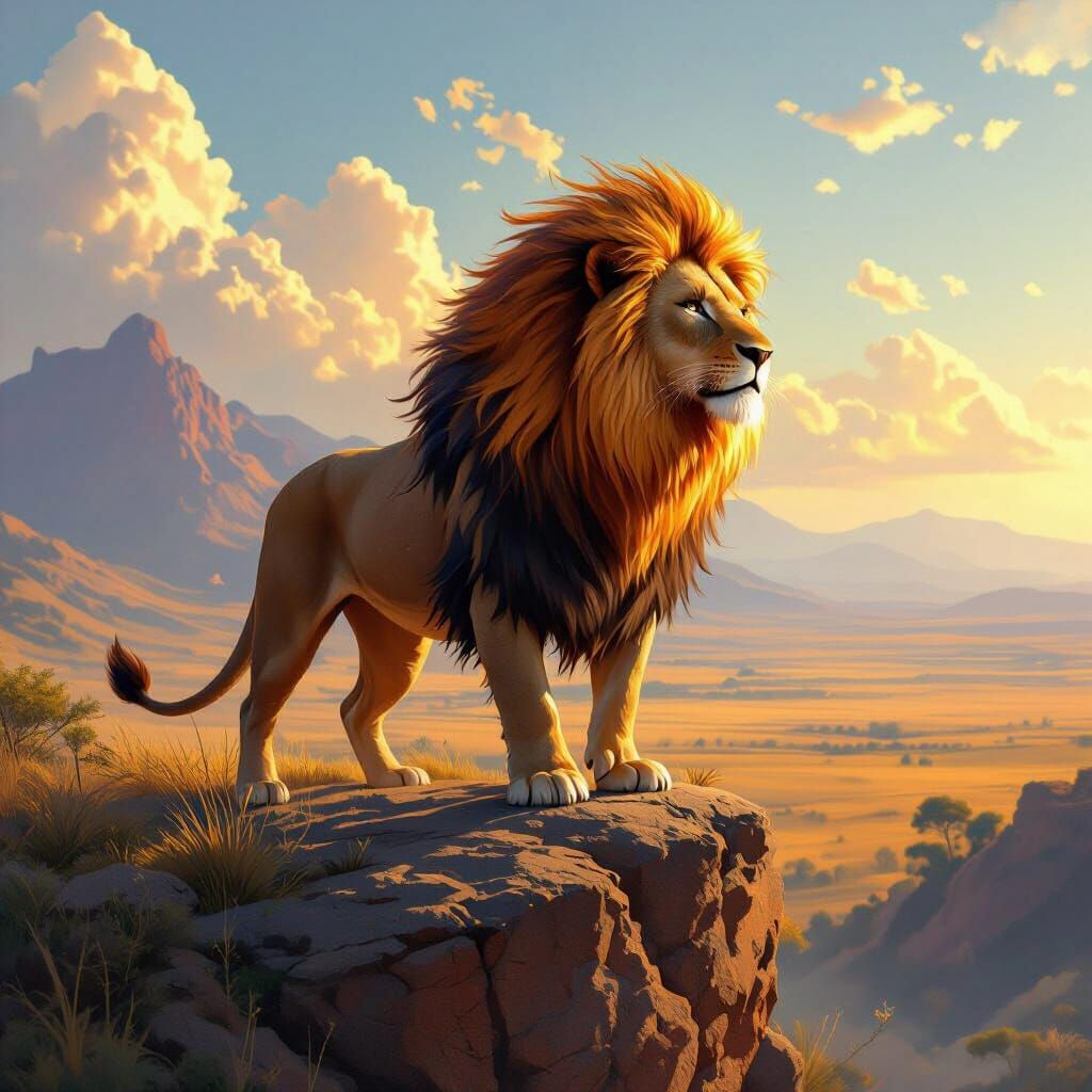 Fiery Lion Overlooking Savannah, Digital Art