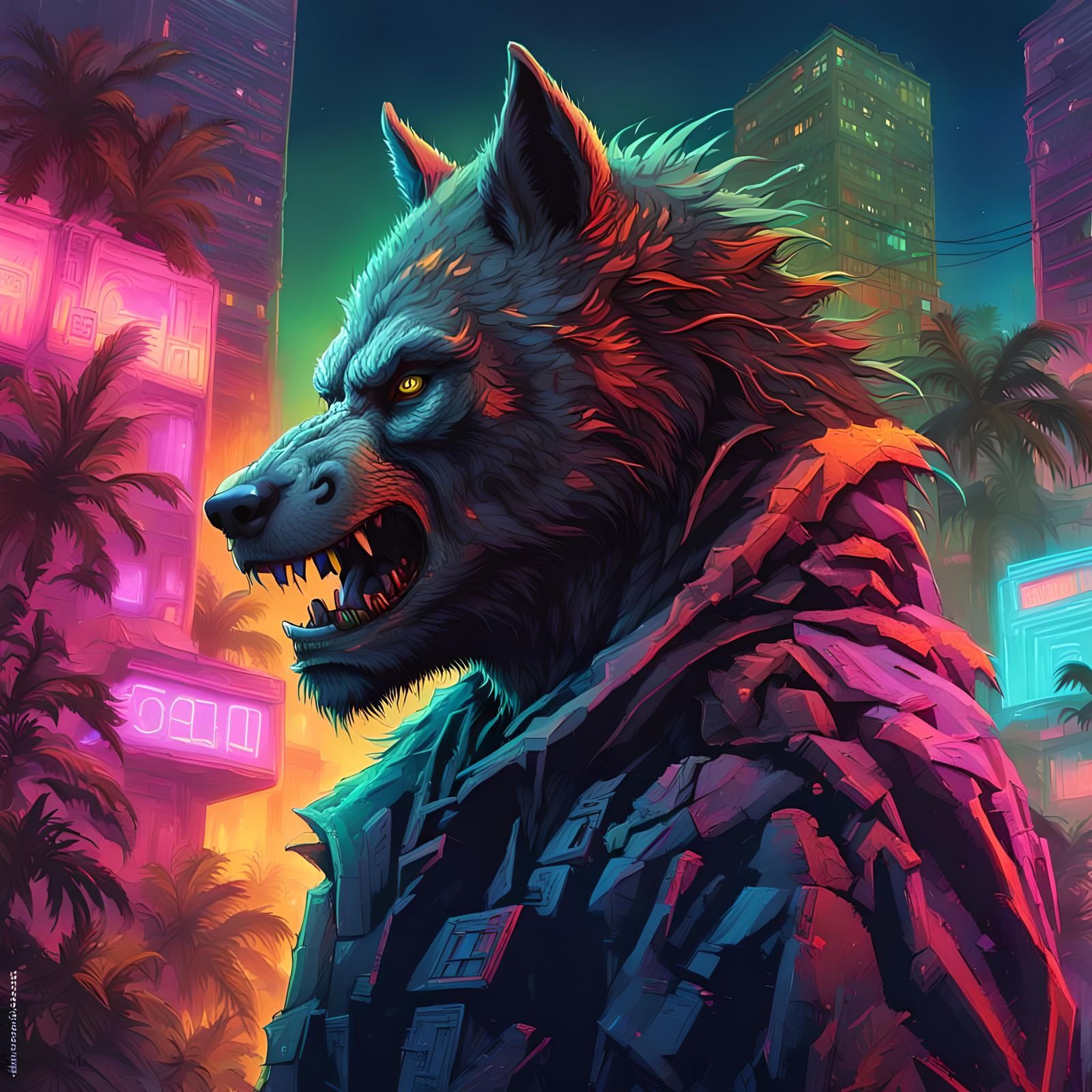 Werewolf Portrait in Neon Jungle City