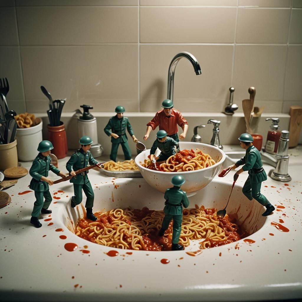 Toy Soldiers' Kitchen Sink Battle: A Cinematic Still