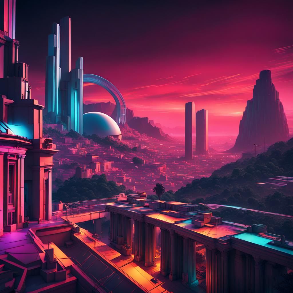 Futuristic Athens Landmarks in Constructivist Art Style