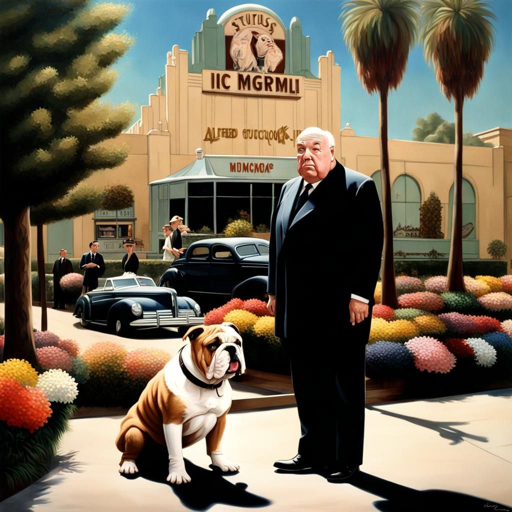 Alfred hitchcock standing in front of Mgm studios , a English bulldog.