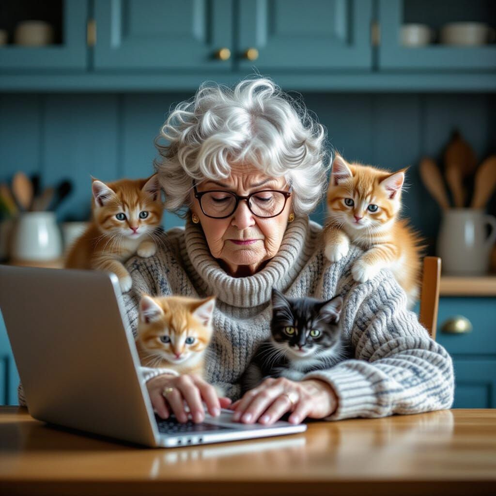 Grandmother Dog Juggles Kittens at Kitchen Table