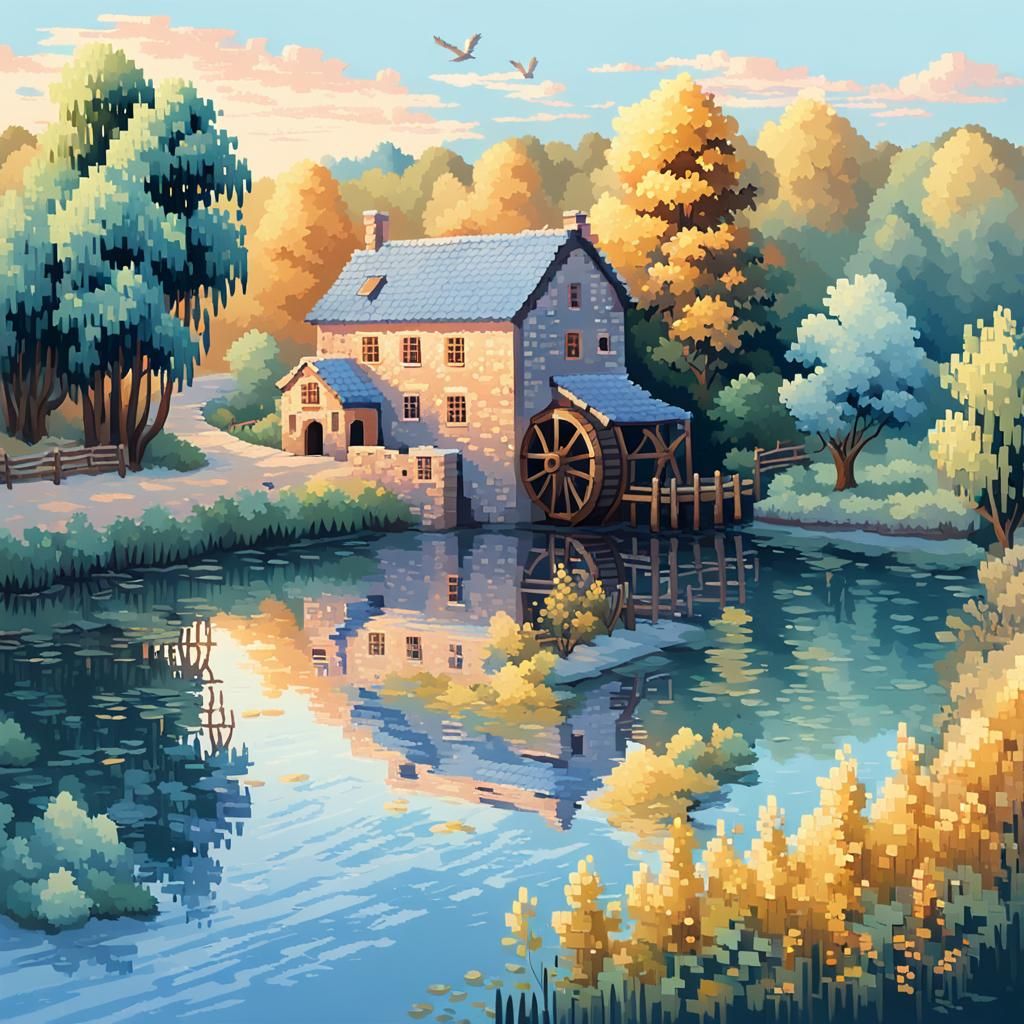8-Bit Watermill Landscape in Impressionist Style