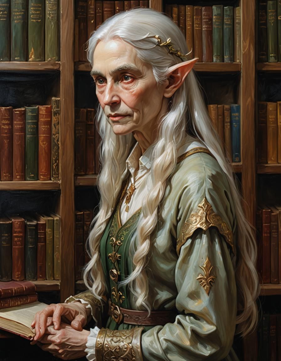 Elderly Elf in Library, Oil Painting with Ethereal Glow