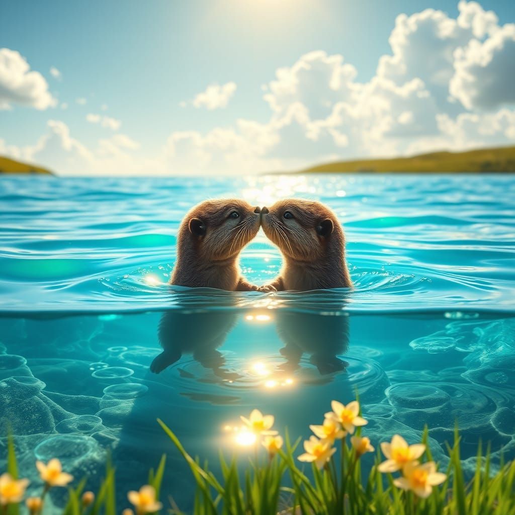 Baby Otters Kissing in a Nostalgic Digital Landscape