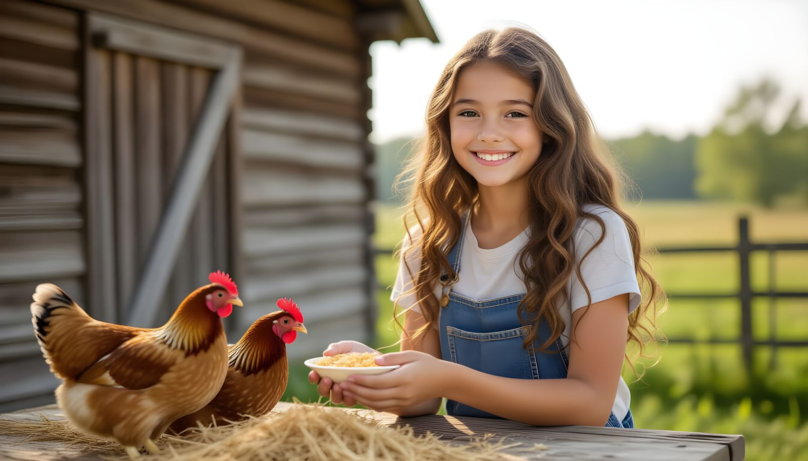 Girl Feeding Chickens at Old Farmhouse