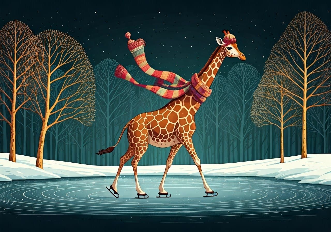 Giraffe Ice Skating in Whimsical Winter Wonderland