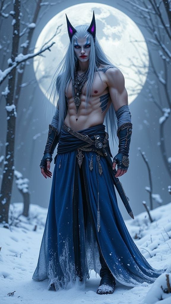 Muscular Demon Lord in Winter Landscape, Dark Fantasy Style