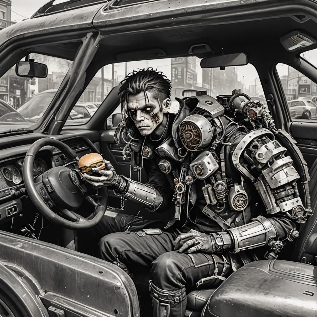 Biopunk Character Enjoys Hamburger in Car