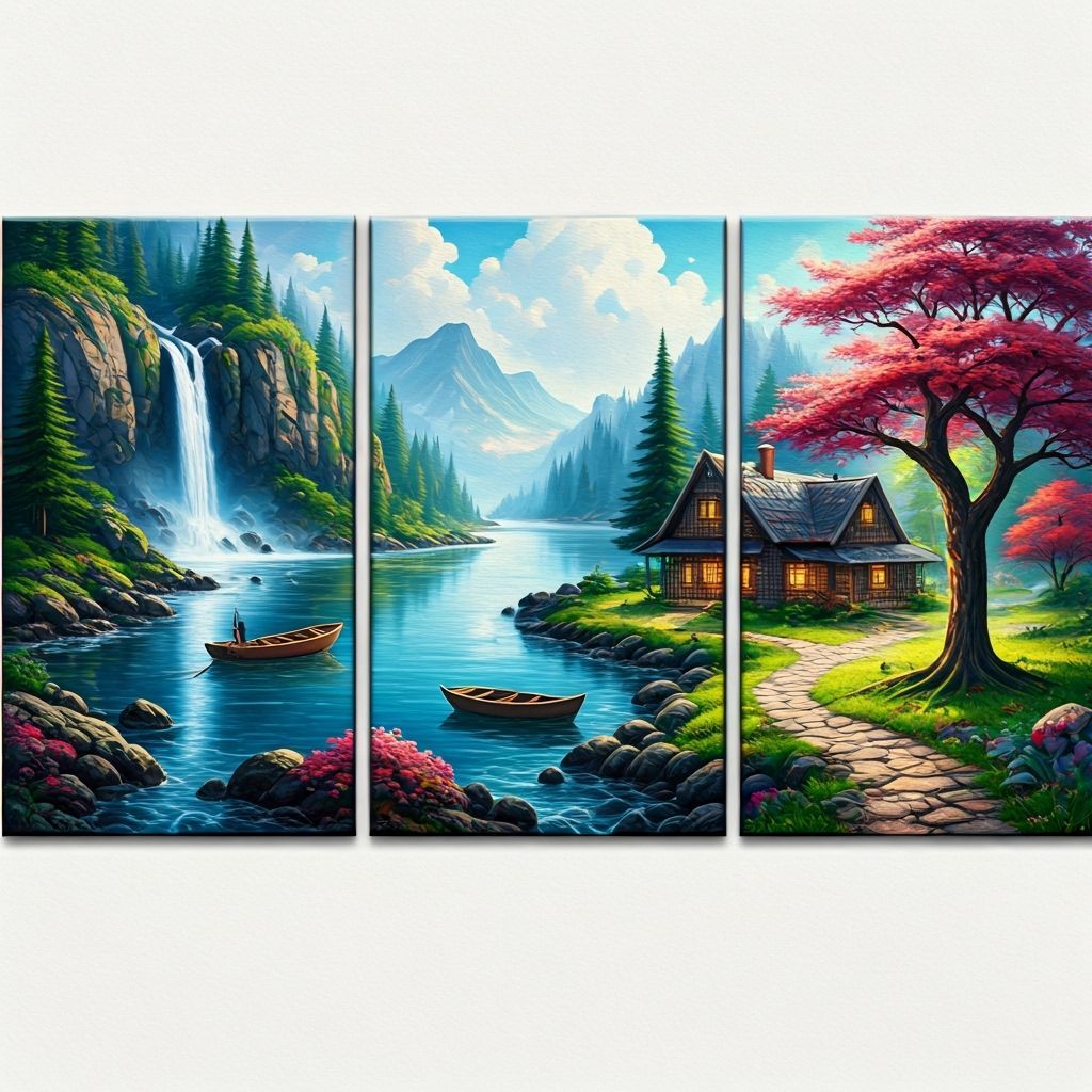 Seasonal Landscape Triptych: A Vibrant Oil Painting