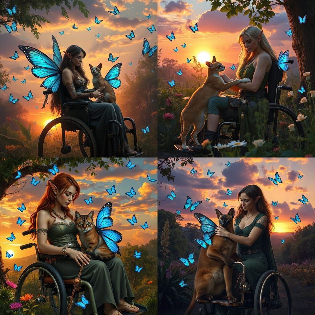 Elven Woman and Steampunk Puma in Fantasy Sunset