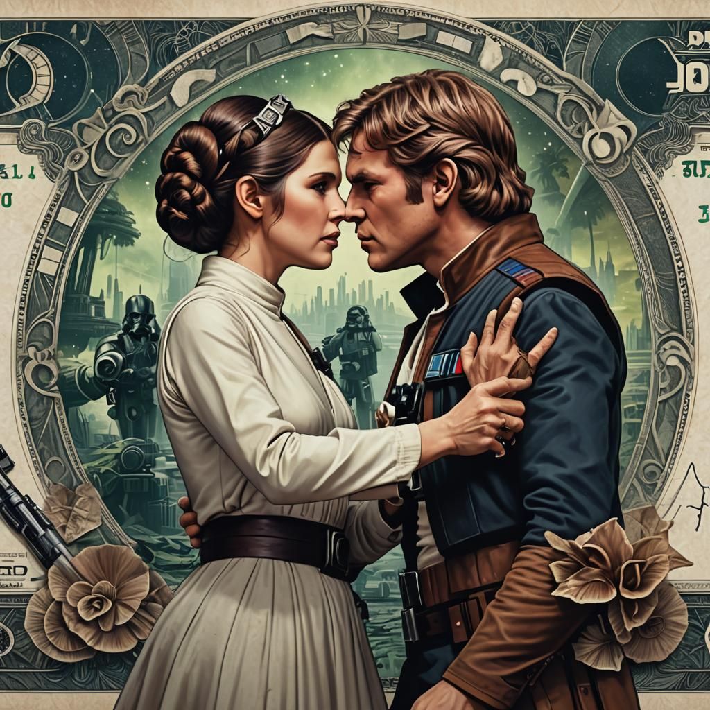 Princess Leia and Han Solo Kissing: Star Wars Art