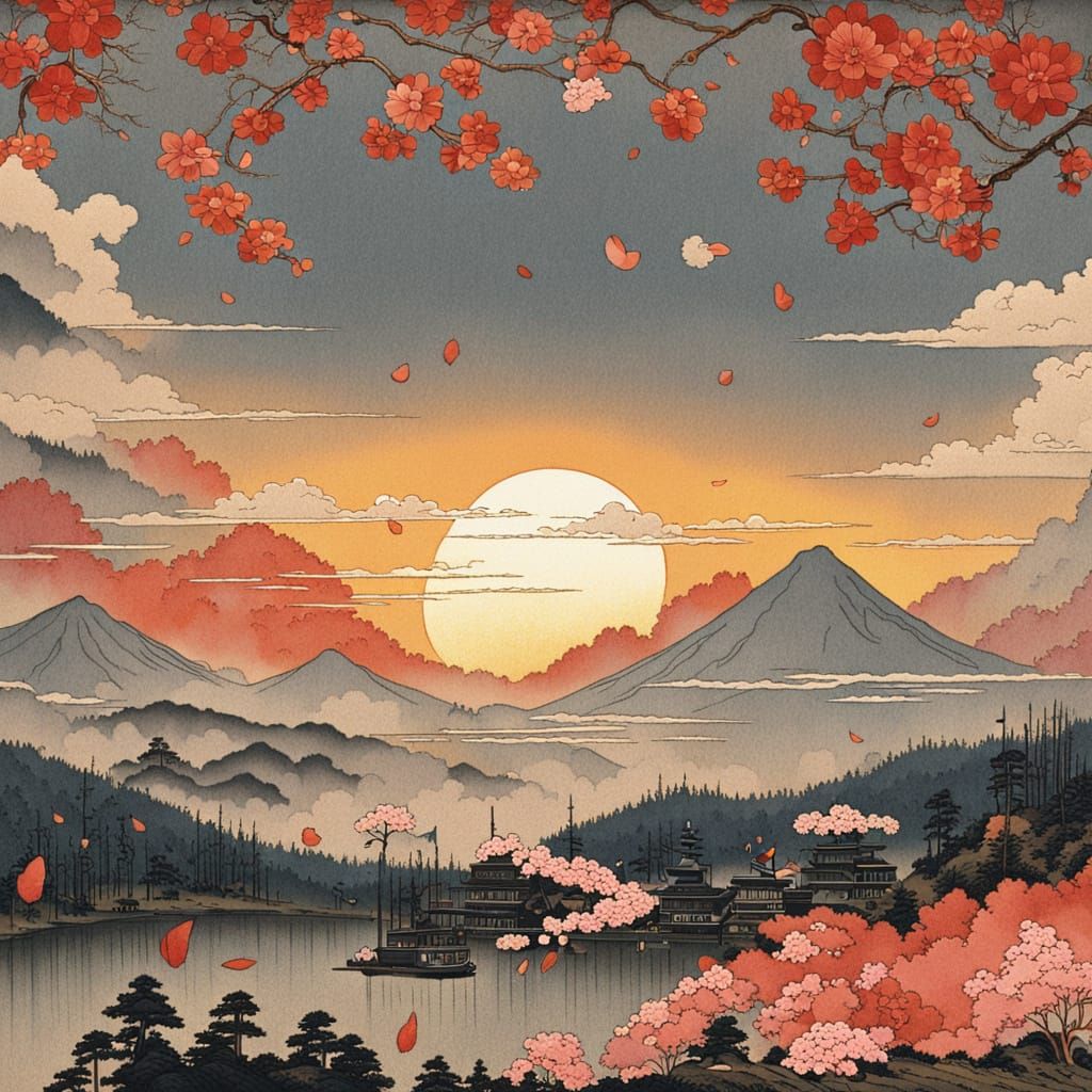 Steam Locomotive in Mountainous Terrain: Japanese Watercolor