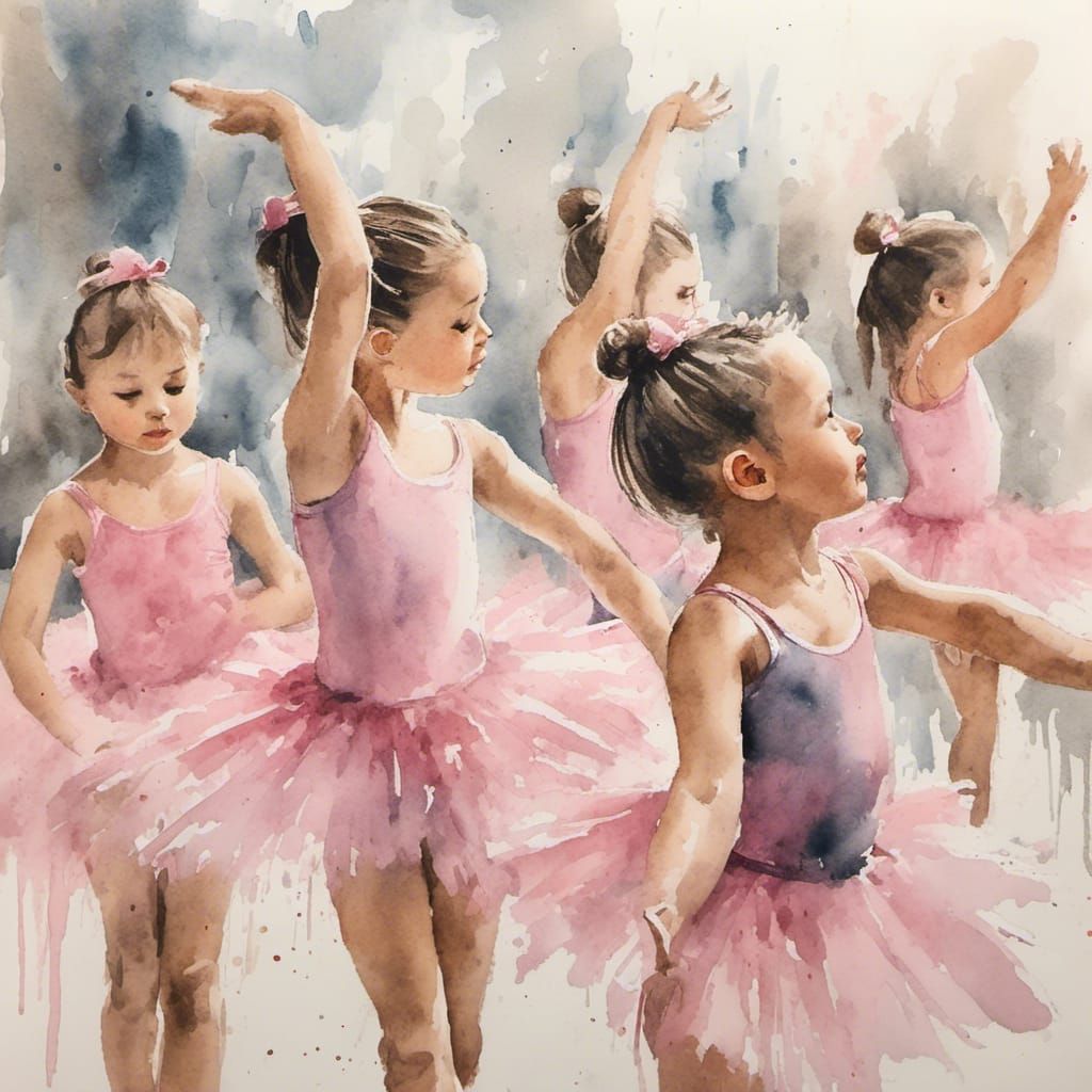 Ballet Class Watercolor Painting of Young Girls