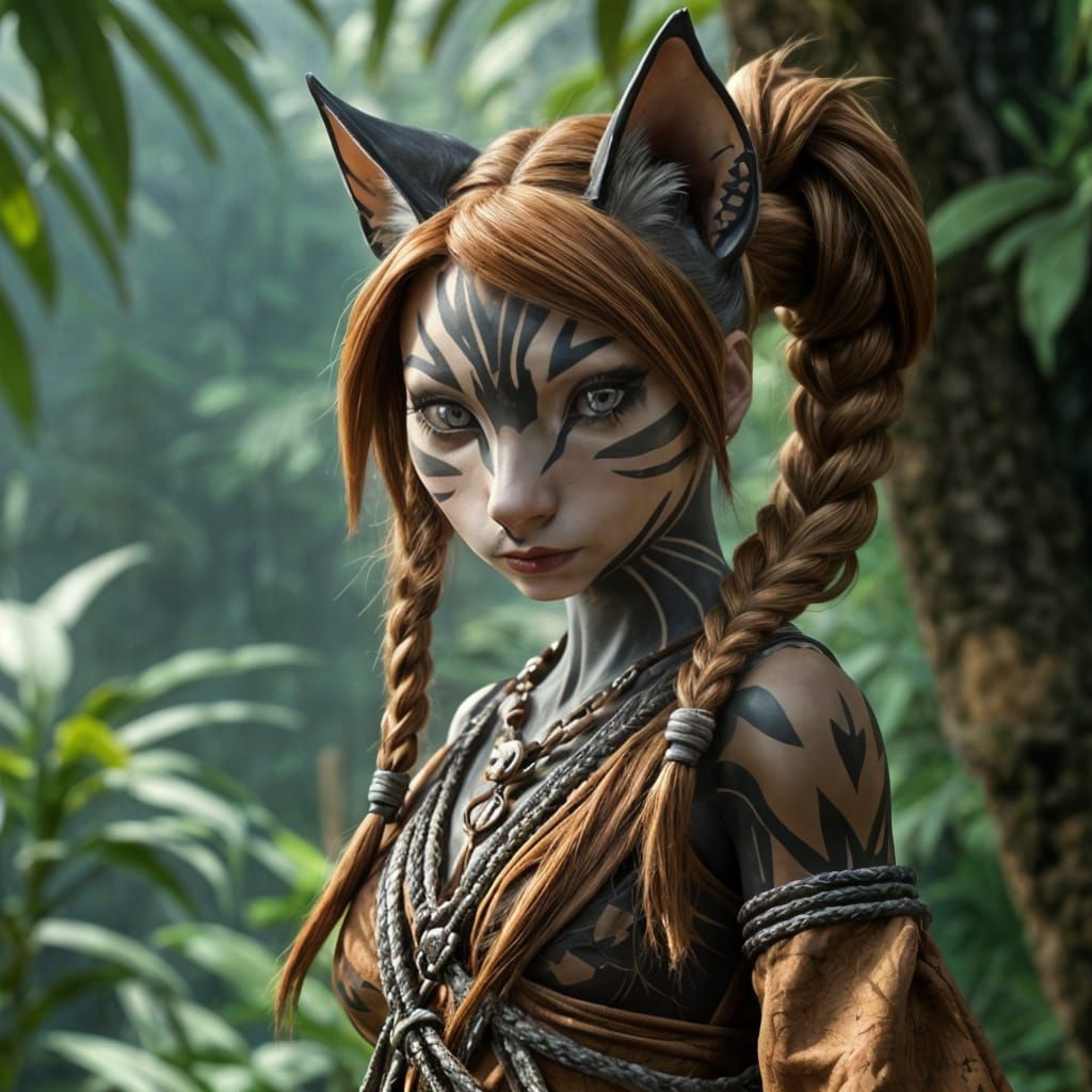 Cat-Feline Humanoid in Rainforest, 3D Render