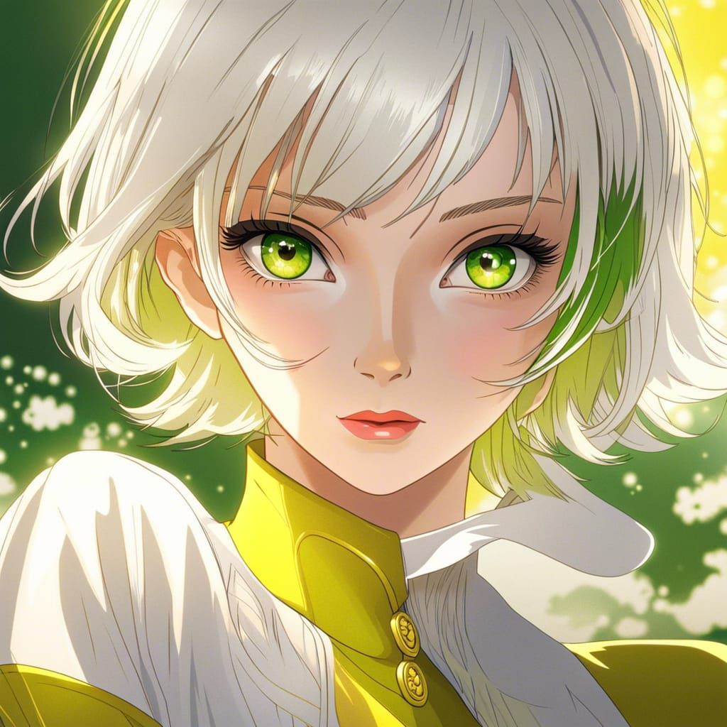 Anime Woman with White Hair and Green Eyes