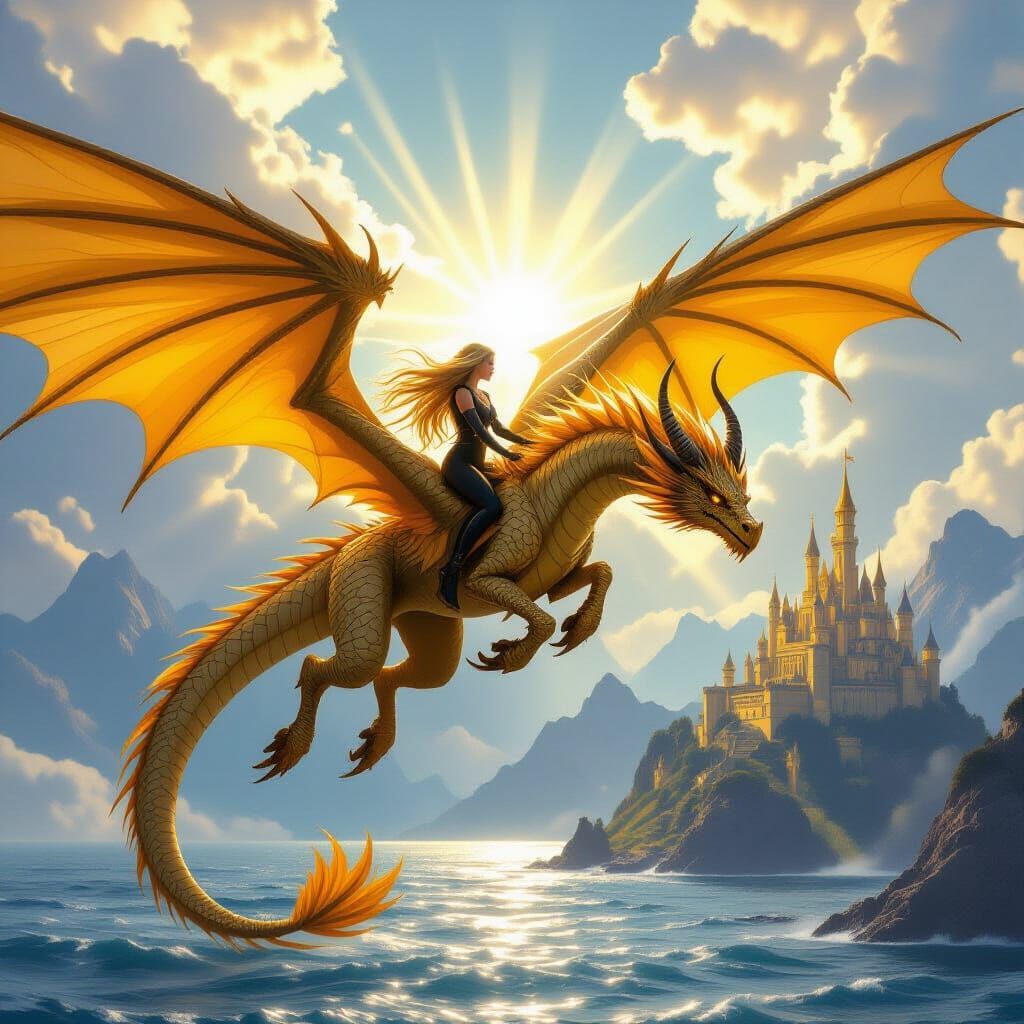 Girl on Golden Dragon Over Ocean to Castle