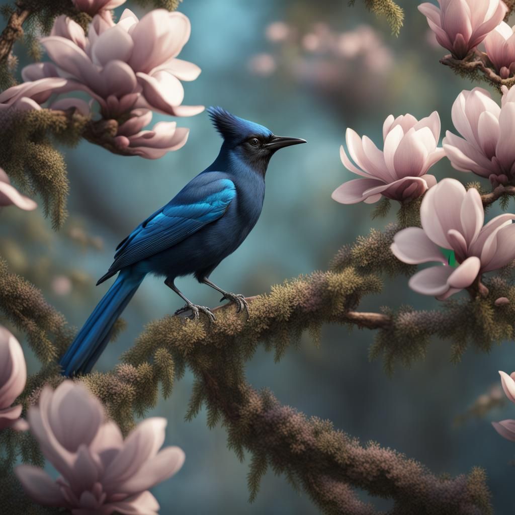 Stellar's Jay in Magnolia Tree: Detailed Matte Painting