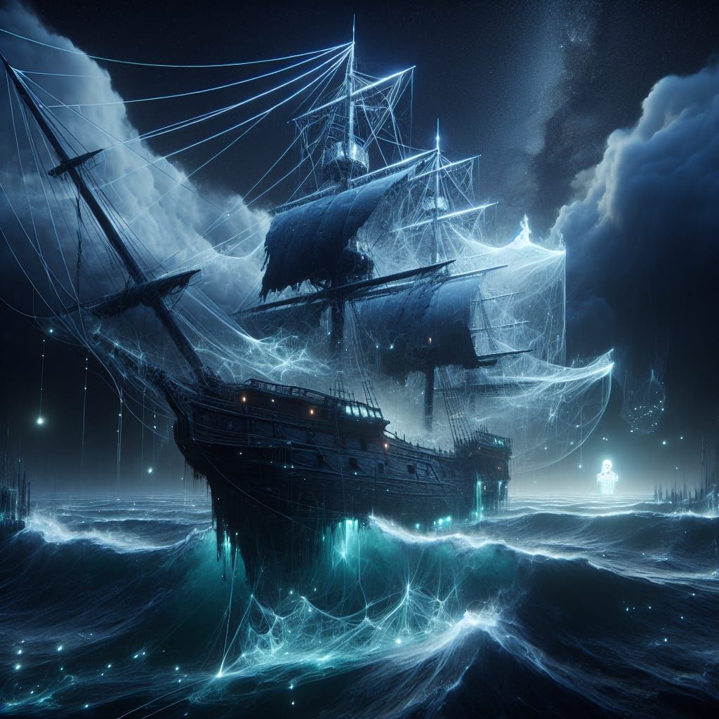 Ghostly Pirate Ship in Cyber-Steampunk Sky