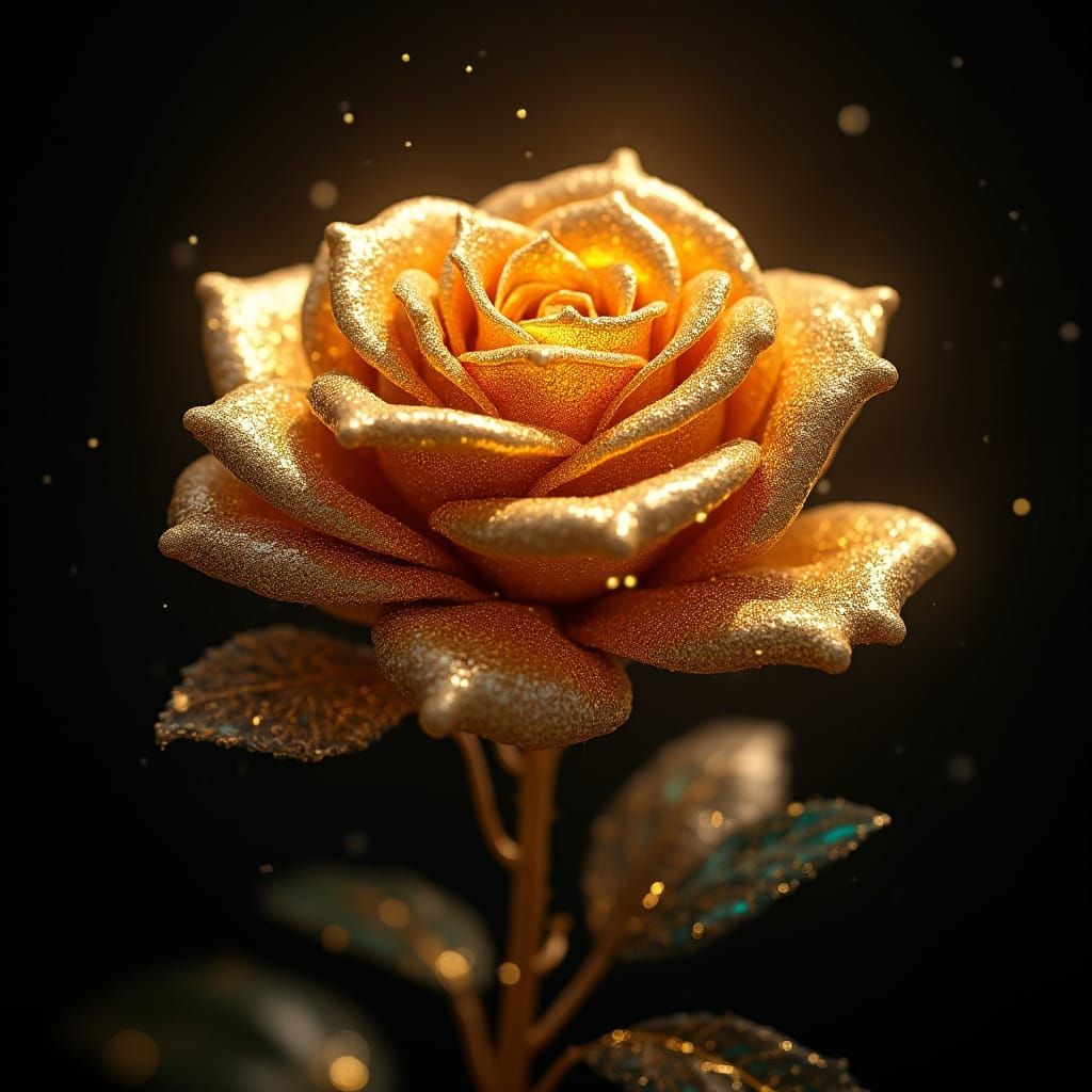 Golden Metal Rose in a Halo of Light