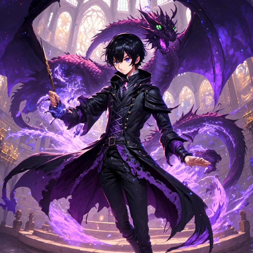 anime mage boy with black hair and purple eyes wearing dark black medieval fantasy clothes casting a purple <lora:MeinaC...