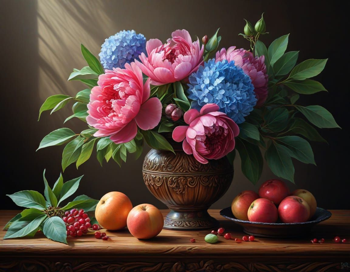 Exquisite Blooms and Fruits in Hyper-Realistic Oil Painting