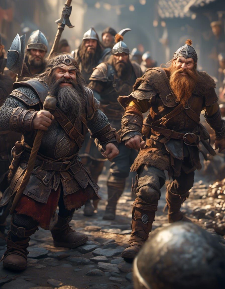 Dwarf Warriors Charge in Slanting Sunlight