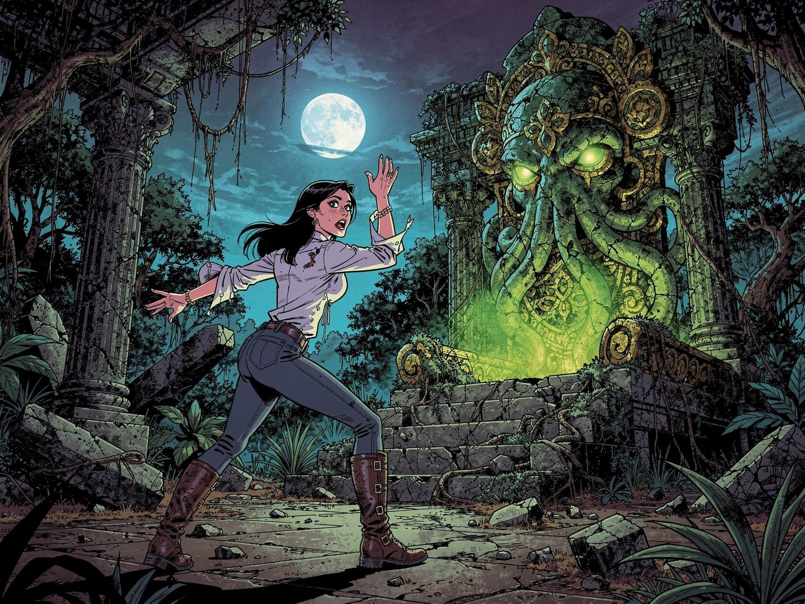 Woman Shrinks in Terror from Cthulhu Idol in Jungle Temple