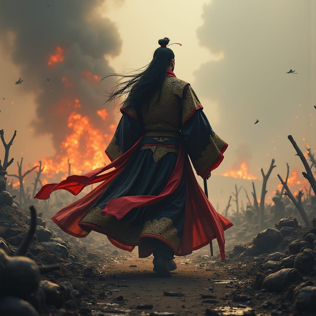 Ornate Hanfu Figure Walks Ravaged Battlefield