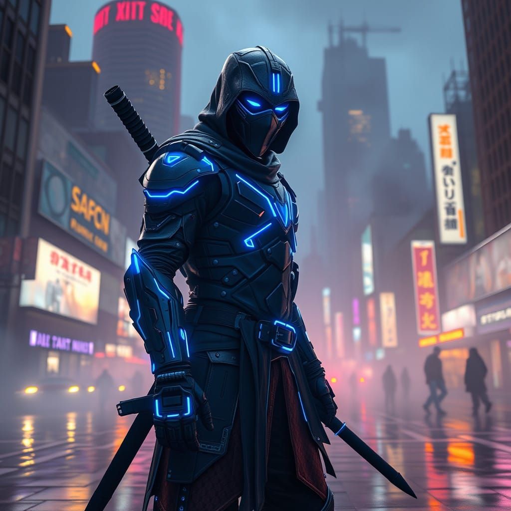 Cyberpunk Ninja in Neon Armor